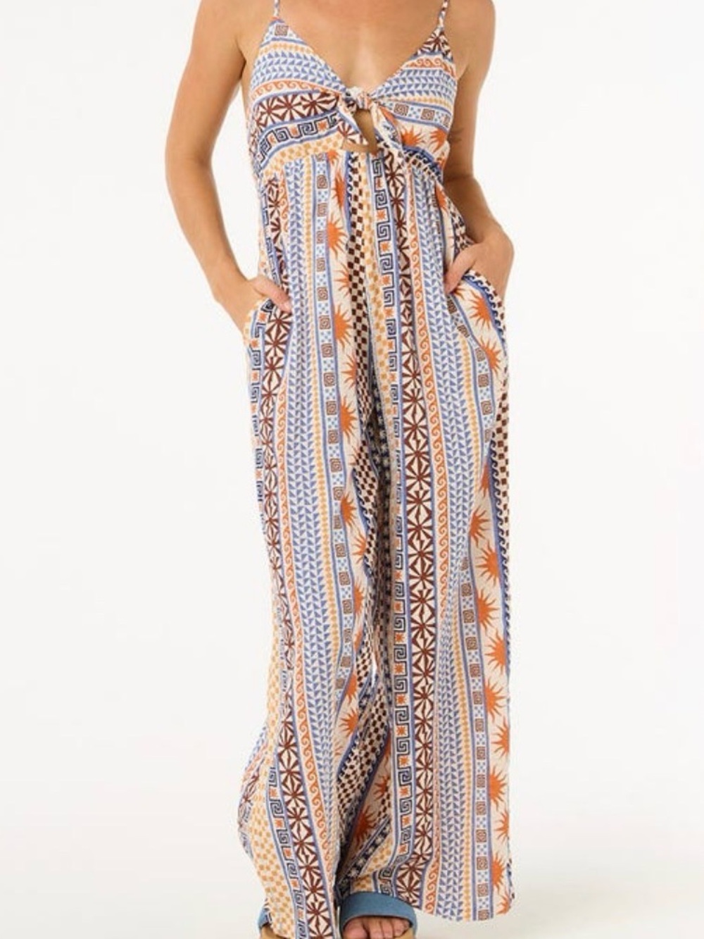 Rip Curl Blue & Brown Tribal Tie-Front Wide-Leg Jumpsuit